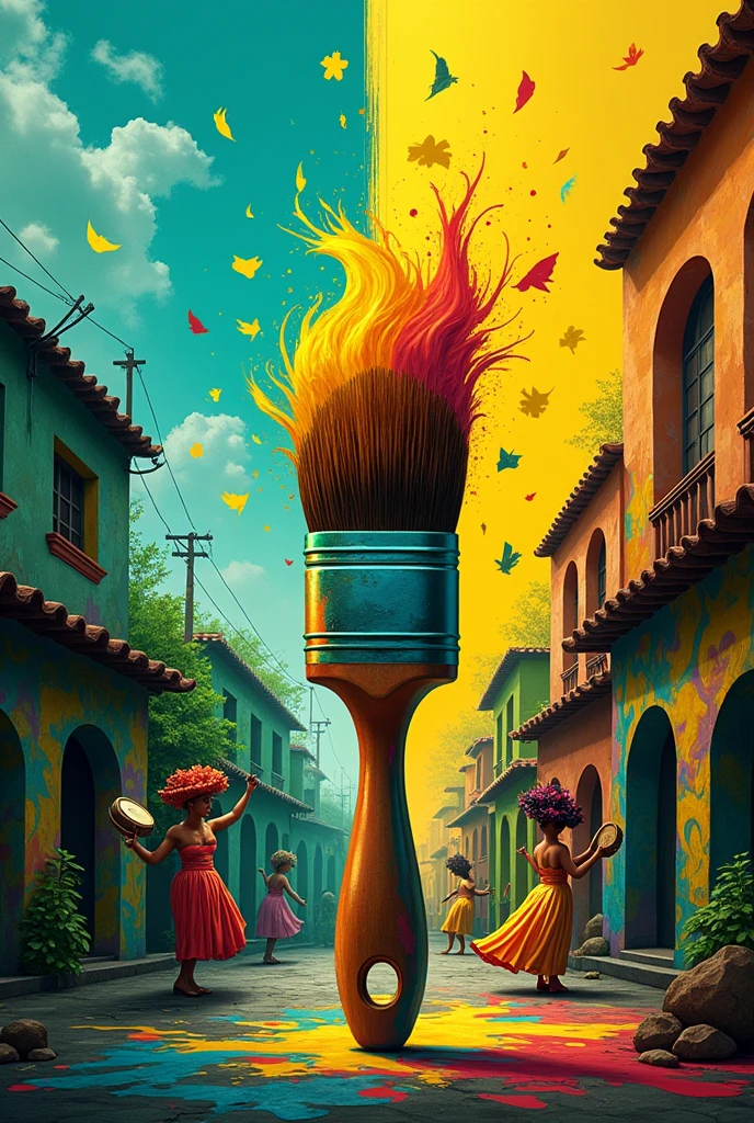 Create an image that portrays the importance of art for the Brazilian economy and education.
The Impact of Art:
foreground: A brush with paint in the colors of the Brazilian flag, as if he were painting the background scene.
Second plan: A scene divided into two parts. On one side, the favela, representing social inequality, and the other, a museum or theater, representing access to culture. The ink of the brush "Transform" the favela em um local com mais cor e vida, mostrando o poder Transformdor da arte.
Tips for Image Description:
swirly vibrant colors: Use and abuse colors to convey the joy and richness of Brazilian culture.
Elements of Brazilian culture: Include elements like musical instruments (berimbau, tambourine), traditional dances (samba, FREVO) and folkloric characters (Saci-pererê, Curupira) to give the image an even more Brazilian touch.
sharp contrast: Explore the contrast between light and shadow to highlight the importance of art amidst social and economic challenges.