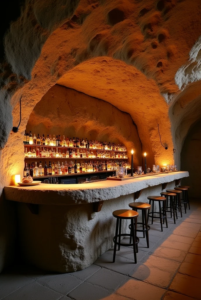 Generate a bar made of stone that is decorated with cave paintings.