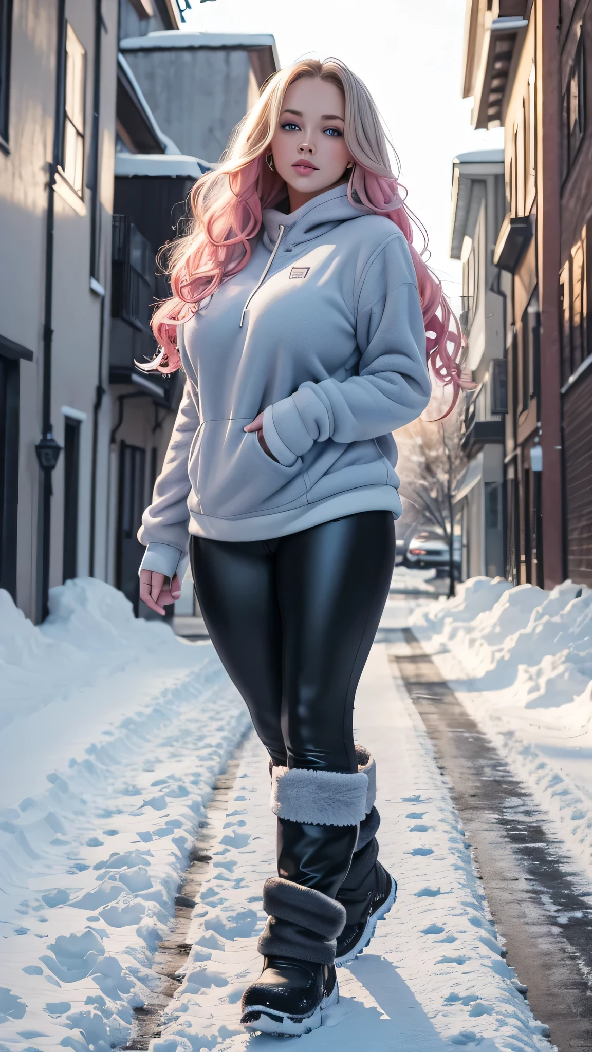 A beautiful sexy Russian girl with large breasts, beautiful long wavy blonde hair, blue eyes, bright pink lips. She is wearing a gray fleece blouse, overweight, black metallic pants, blue fleece socks and snow boots.