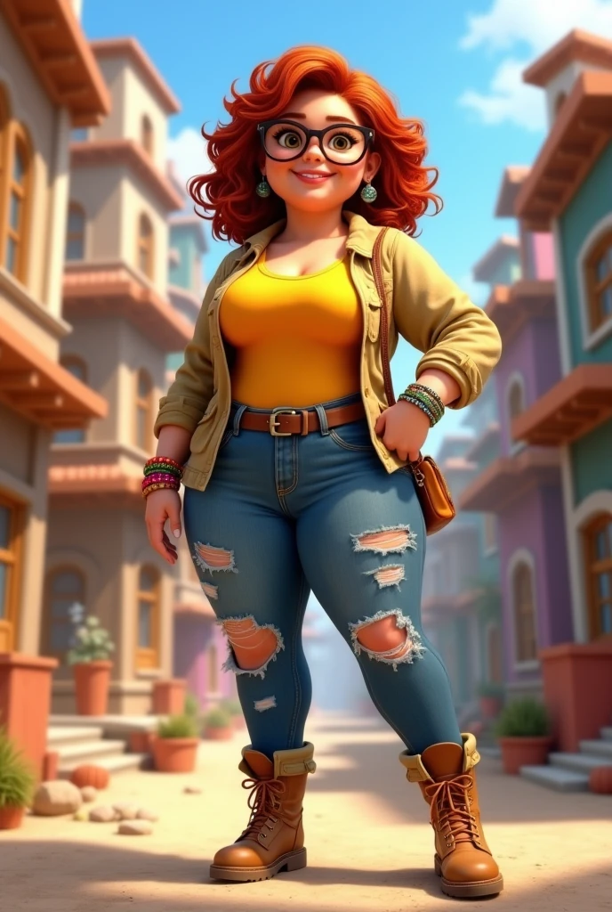 Very chubby and chubby female architect, with medium short curly copper red hair at shoulder length, light brown skin, dark brown eyes and hipster glasses, with bracelets and nose piercing, with rockstar style bag, ripped denim jeans, wearing a yellow shirt and a canvas jacket over it, open, and construction boots, construction stop, Disney Pixar Cartoon version