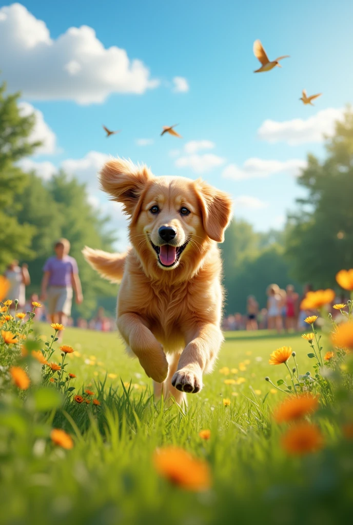 The dog is playing in the park, full of energy thanks to its food.