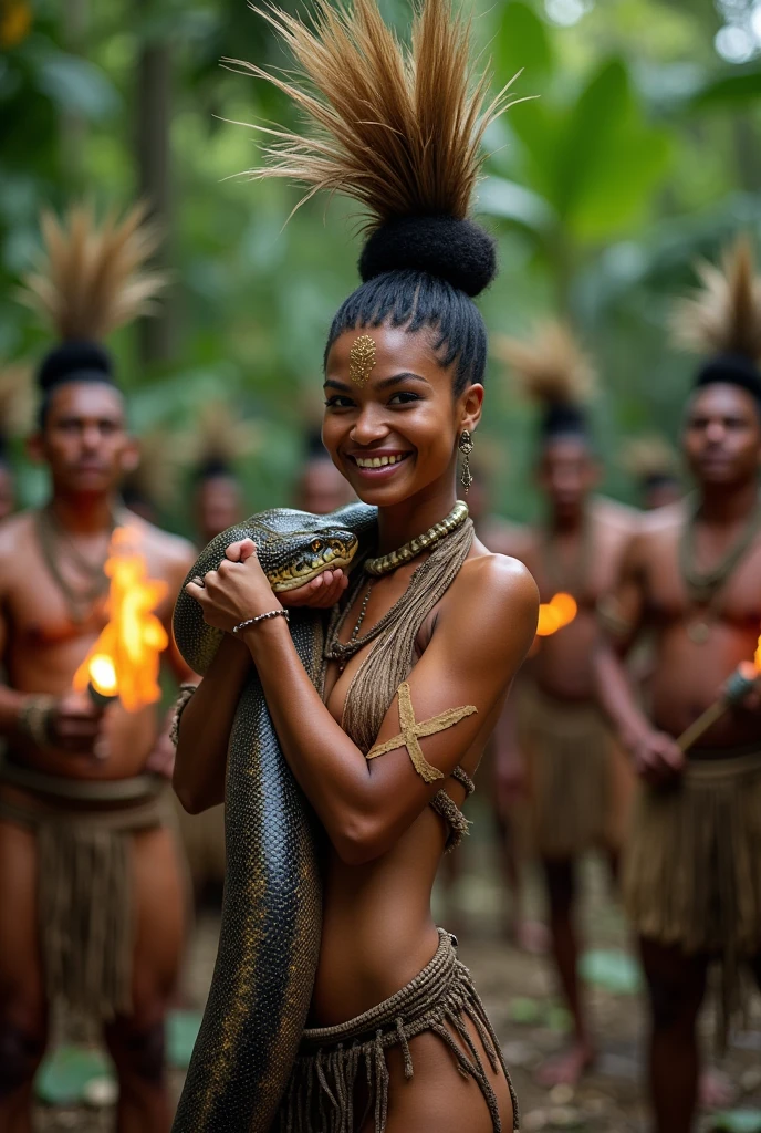 Magnificent detail, 8K Photos, hyper- realism, realistic background, visual depth, wide angle lens, all-body, 1 beautiful woman indigenous tupi guarani naked, covering the private parts with a snake. standing. barebody. Facial expression seduction, seducing smile. captivating stare. Indigenous facial painting. plume on head. Amazonian Brazil setting. brazilian forest. Spectacular beauty. Snake 4 meters. Woman holding the snake's head with her hand near her face. Woman looking at the snake's eye. Woman facing forward, looking at the photo. Snake coiled around the woman's body. Woman with a thin waist and a big butt. The woman is in the center of a circle formed by indigenous men, doing a ritual with fire and musical instruments. ritual sexual. seductive woman.