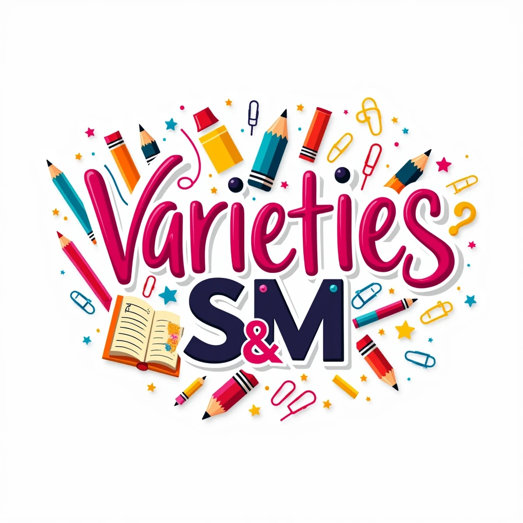 logo that says "Varieties S&m", Make it striking, simple and bold, that has bright colors where fuchsia tones predominate, yellow and pink. It should have elements like school supplies