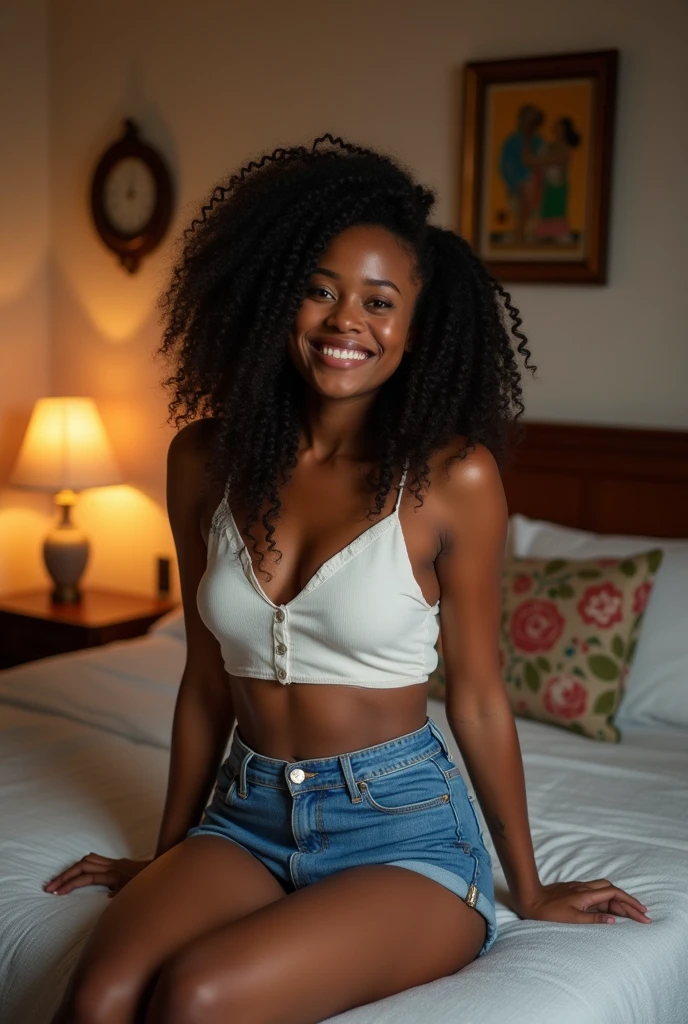 woman, face, sexy, front, dreads, african, black, bedroom setting,full body,short jean shorts,Nigerian, sitting,