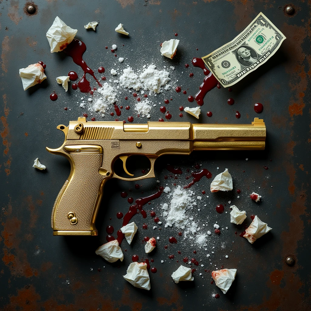 Old metal table, dirty and very dark with some rusty details, flat view top down, with dollars (a few dents or tears), a golden desert eagle with details studded with small diamonds, several lines of cocaine, small bags of cocaine torn apart. Blood and cocaine scattered around the scene, blood staining some dollar bills.