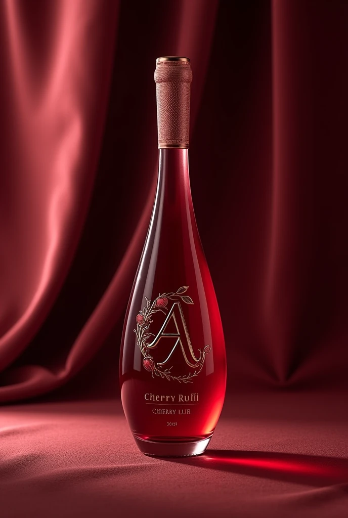 create a glass bottle for a cherry liqueur company, the name is: Cherry Rubi. What should convey: elegance and sophistication. logotype: an 'A' with a cherry.