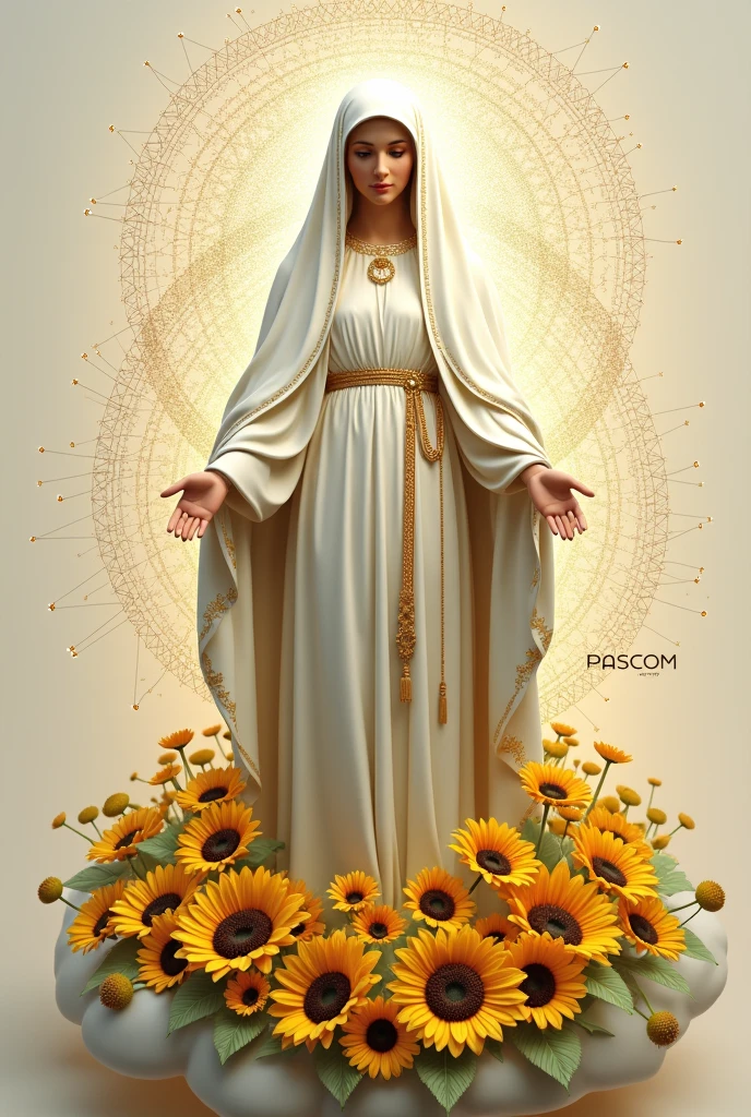 Our Lady of Fatima:
   - Keep the white mantle with golden details, which should appear subtle and elegant.
  Add the sunflowers at the foot as if it were a cloud. Behind the image Use interconnected points as a network of connections linked to the name PASCOM coming out of the center