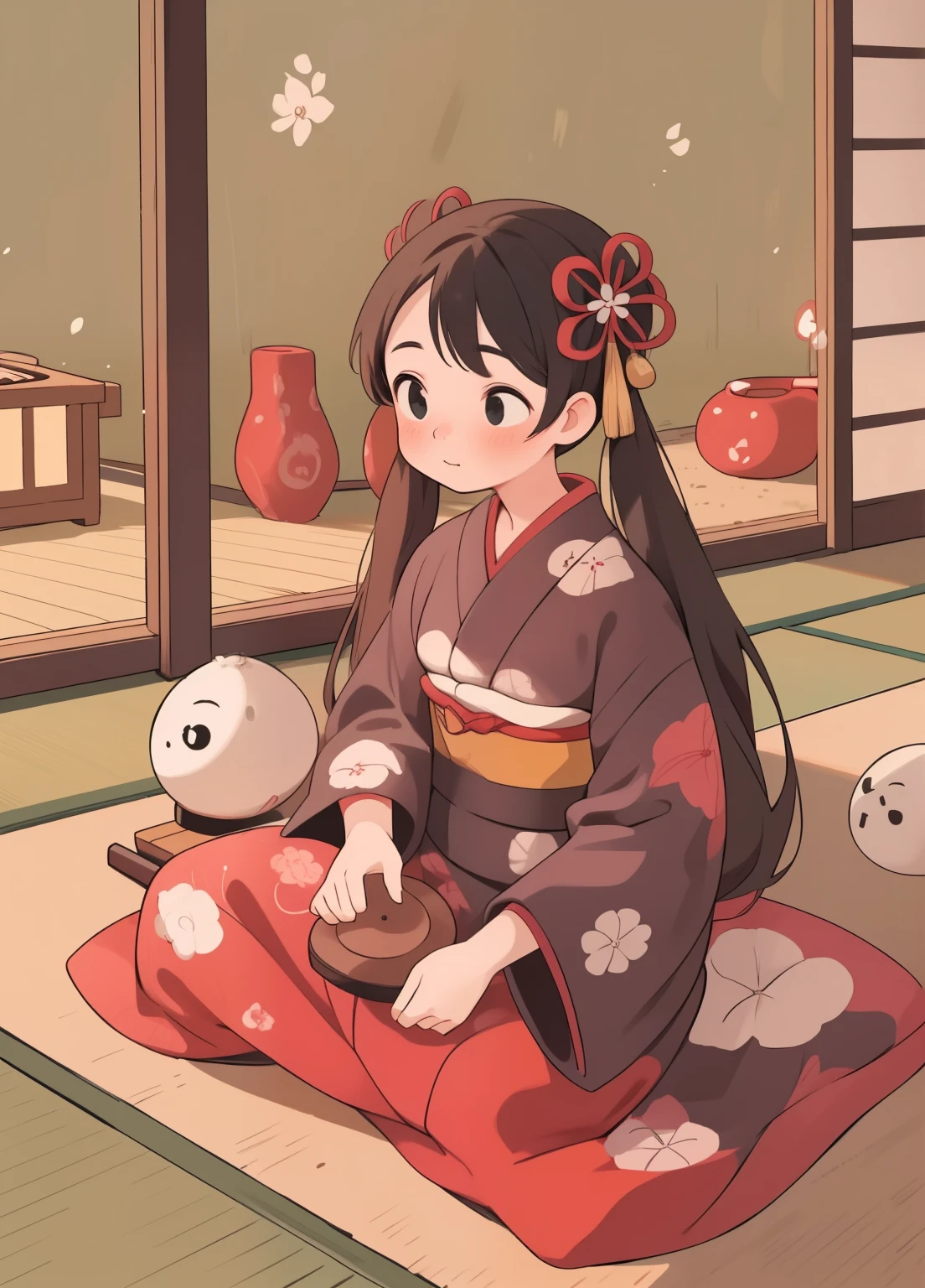 (masterpiece、Highest quality、Highest quality、Official Art、Beautiful and beautiful:1.2)、(One person:1.3)Hatsune Miku、Twin tails,Beautiful breasts, Katsushika Hokusai,A 24-year-old woman who plays a traditional Japanese instrument. She has been a long time, With black hair and a beautiful kimono. She sits elegantly in front of the koto, a shakuhachi beside her, There is a shamisen nearby.. The setting is calm, It appears to be a traditional Japanese room with tatami mats and shoji screens., Evoking a sense of tranquility and heritage.