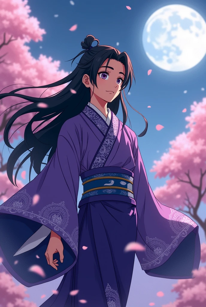 Make a boy with long hair like Yoriichi, com kimono roxo e Haori roxa, in an anime form based on Demon Slayer, What is a Moon Breathing user hunter