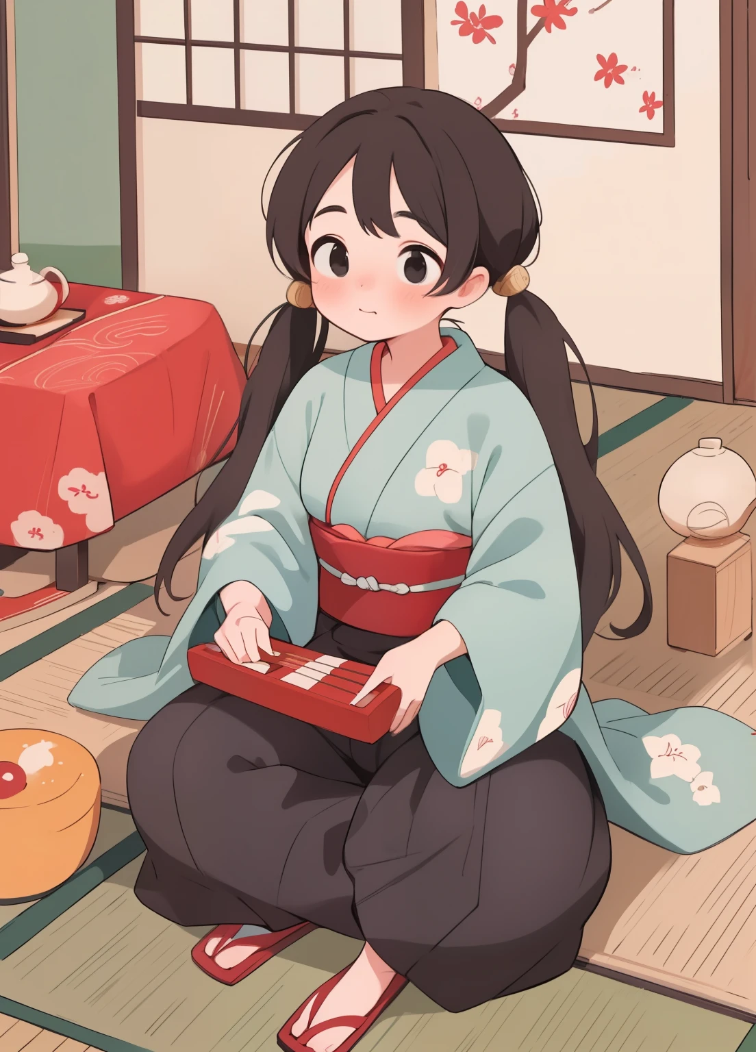 (masterpiece、Highest quality、Highest quality、Official Art、Beautiful and beautiful:1.2)、(One person:1.3)Hatsune Miku、Twin tails,Beautiful breasts, Katsushika Hokusai,A 24-year-old woman who plays a traditional Japanese instrument. She has been a long time, With black hair and a beautiful kimono. She sits elegantly in front of the koto, a shakuhachi beside her, There is a shamisen nearby.. The setting is calm, It appears to be a traditional Japanese room with tatami mats and shoji screens., Evoking a sense of tranquility and heritage.