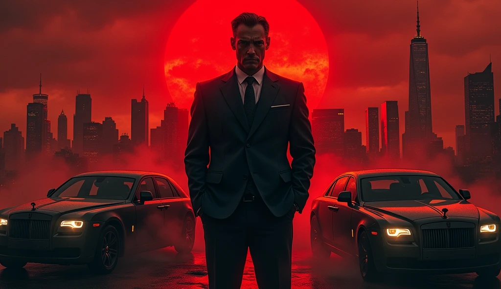 A powerful, intimidating Mafia Boss stands in the center, his sharp suit immaculate and his eyes filled with a mix of cold calculation and hidden pain. Behind him, the city skyline looms under a blood-red sky, with shadows of gunmen and luxury cars fading into the darkness. To one side, a mysterious woman is partially hidden in the shadows, hinting at a deep connection and a dangerous secret. The title, written in bold, gritty lettering, hovers above, with the tagline below: ‘In the world of power and betrayal, nothing is as it seems.