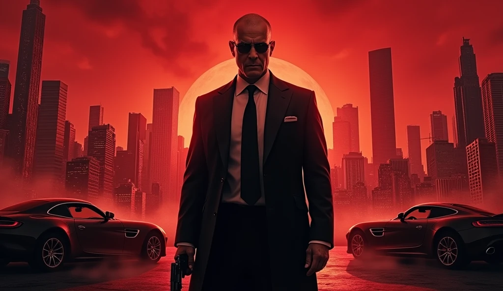 A powerful, intimidating Mafia Boss stands in the center, his sharp suit immaculate and his eyes filled with a mix of cold calculation and hidden pain. Behind him, the city skyline looms under a blood-red sky, with shadows of gunmen and luxury cars fading into the darkness. To one side, a mysterious woman is partially hidden in the shadows, hinting at a deep connection and a dangerous secret. The title, written in bold, gritty lettering, hovers above, with the tagline below: ‘In the world of power and betrayal, nothing is as it seems.