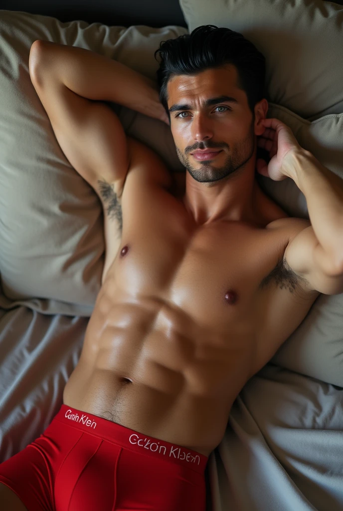 European man,sexy, 25 years, black hair,combed back, blue eyes, beautiful smile,hairless face,aesthetic body, sweaty body, shirtless,red boxer,prominent lump, open legs, One hand up behind the head and the other touching the crotch (prominent lump) high quality,Lots of quality,he's lying down in his room,In his bed, luxurious,modern, front view,camera further away, open legs,sexy,very large lump,frontal, open legs,very big penis,boxer calvin klein red color,pain in the abdomen