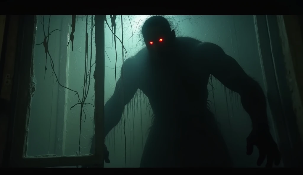 a superhuman, almost demonic figure peering through a thin curtain, an atmosphere of horror and tension