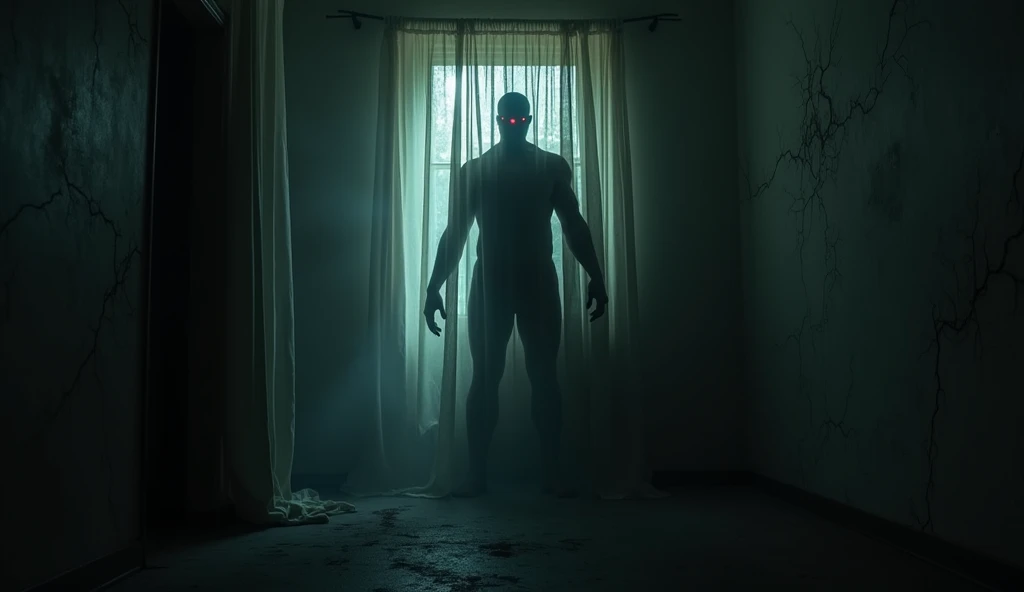 a superhuman, almost demonic figure peering through a thin curtain, an atmosphere of horror and tension