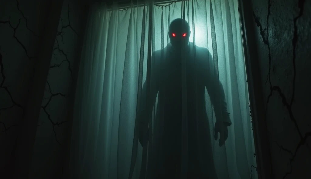 a superhuman, almost demonic figure peering through a thin curtain, an atmosphere of horror and tension