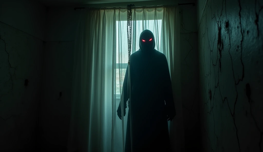 a superhuman, almost demonic figure peering through a thin curtain, an atmosphere of horror and tension