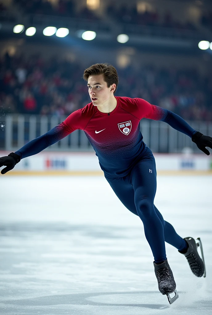 Draw a Harvard College Ice Skater,brownhair, blue colored eyes, pele caucasiana,young adult man 