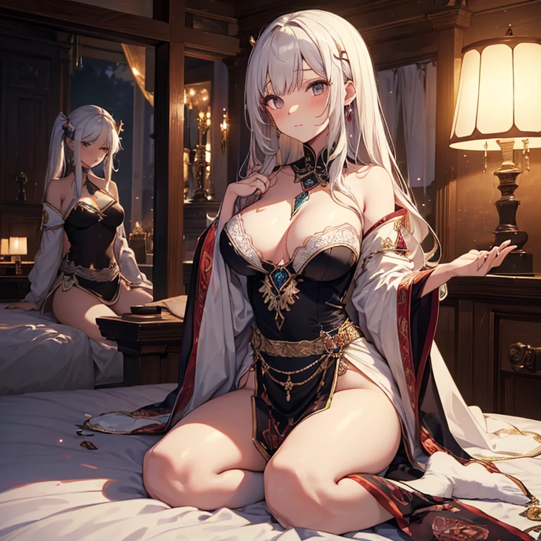 A group of  priestess, (in bedroom), various hair styles, harem, night, details face, seducing, ceremonial outfit, multiple girls, exposed shoulders 