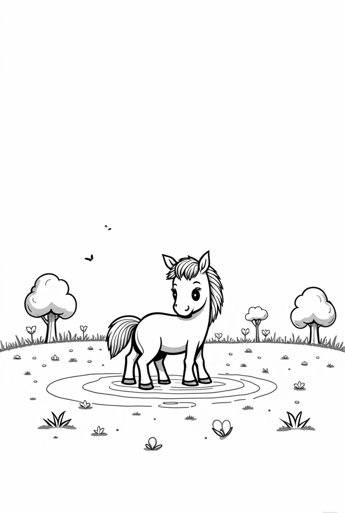 A black and white drawing with simple lines of a cute baby horse drinking from its mother in a field with trees and flowers., as if they were cartoon characters