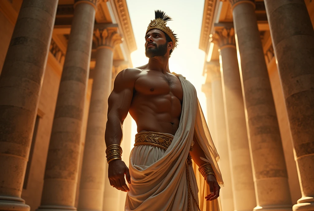 An ancient greek man, Chico, greek god, muscular, Graced, man de 30 años con poderosa presencia, greek headdress, ((wearing detailed greek tunics)), standing inside the greek temple, Intricate, elegant, Very detailed, masterpiece, extremely detailed, detailed background, Whole body, Best Quality, ancient greek architecture, Ancient Greece, eyes, man, (((newly dressed))), bare chest, (((body hair+++))), one arm up, low waist thong, big bulging crotch, male face, illuminated by golden sunlight, seductive look, y, curtains hanging from the ceiling, NSFW