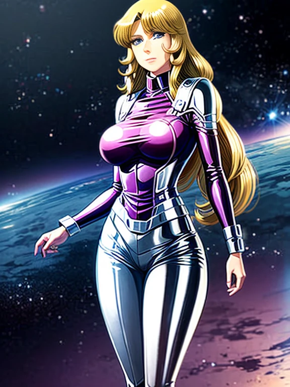 Anime style female character inspired by vintage space opera aesthetics, with elongated facial features, 165 cm tall, having blond, waist-length, wavy hair with V bangs, and blue eyes. She is wearing tight skinny jeans with high boots over them, adding an equestrian touch to her ensemble. The character's design reflects a blend of space opera elements and a realistic body proportion, highlighting her strong yet feminine presence.