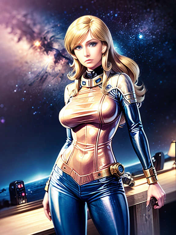 Anime style female character inspired by vintage space opera aesthetics, with elongated facial features, 165 cm tall, having blond, waist-length, wavy hair with V bangs, and blue eyes. She is wearing tight skinny jeans with high boots over them, adding an equestrian touch to her ensemble. The character's design reflects a blend of space opera elements and a realistic body proportion, highlighting her strong yet feminine presence.