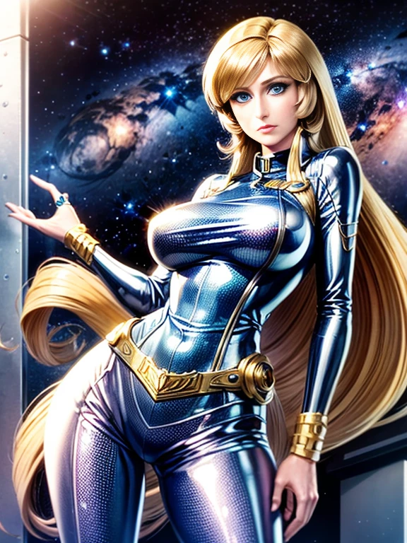 Anime style female character inspired by vintage space opera aesthetics, with elongated facial features, 165 cm tall, having blond, waist-length, wavy hair with V bangs, and blue eyes. She is wearing tight skinny jeans with high boots over them, adding an equestrian touch to her ensemble. The character's design reflects a blend of space opera elements and a realistic body proportion, highlighting her strong yet feminine presence.