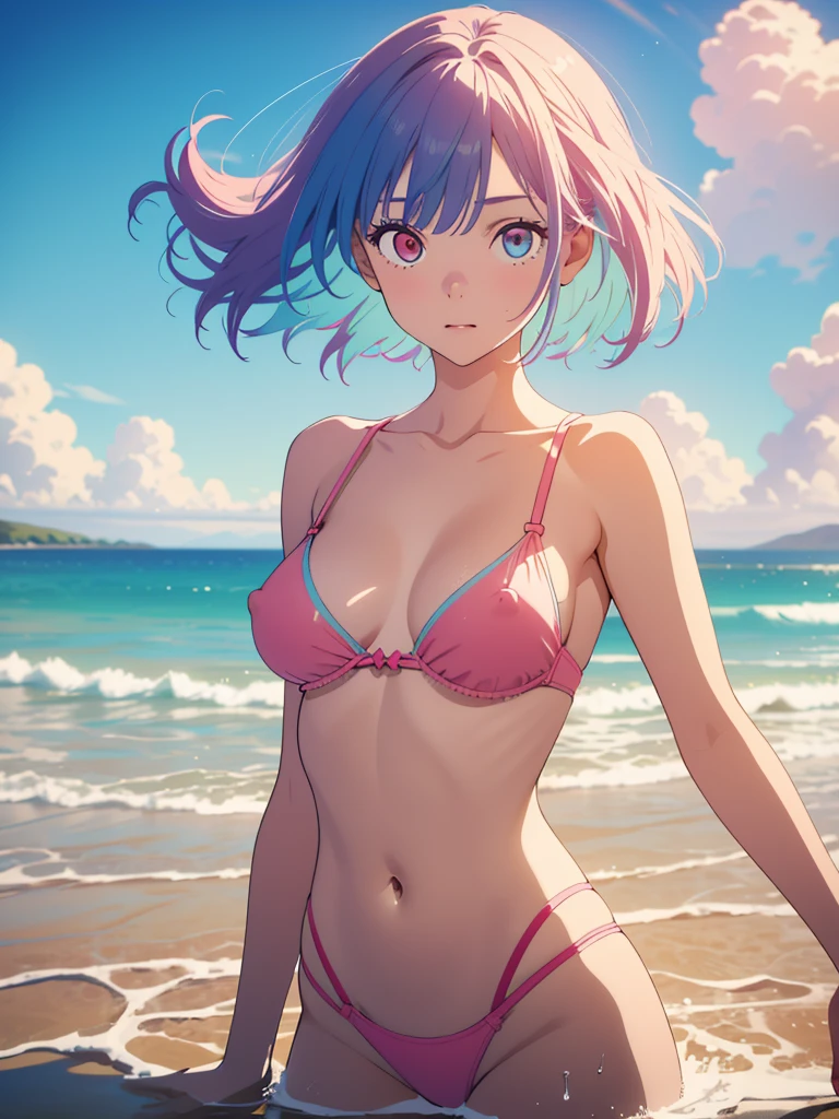 (18 years old:1.4),(Very Young Face), (japan Person femes idol), 1girl, (medium :1.4),)(pink nippleroll along the seaside, sunshine, (masterpiece:1.0),(best_quality:1.0), ultra high res,4K,ultra-detailed, photography, 8K, HDR, highres, (perfect anatomy:1.4),(Beauty of form:1.4) (Golden ratio), (loraeyes),(big eye), (odd eye:1.4), (rainbow hair:1.4),(floating hair),(liquid clothes, water)