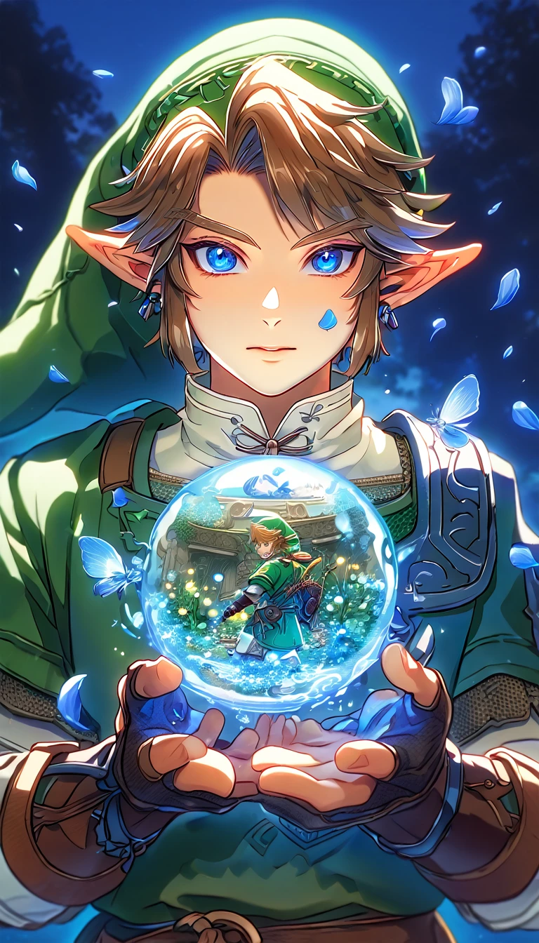 absurdres, highres, ultra detailed, HDR, master piece, Link, brown hair, expressive blue eyes, green tunic, green hat, brown gauntlets, The Legend Of Zelda (Twilight Princess), sexy man, best quality, flowers, fantasy, magical, sensual, handsome, water, blue shining fireflies, blue petals,