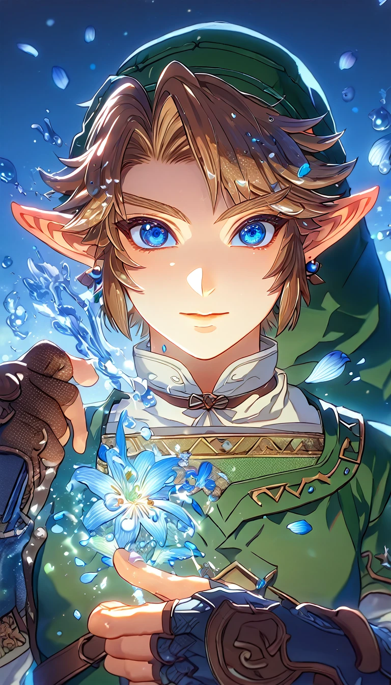 absurdres, highres, ultra detailed, HDR, master piece, Link, brown hair, expressive blue eyes, green tunic, green hat, brown gauntlets, The Legend Of Zelda (Twilight Princess), sexy man, best quality, flowers, fantasy, magical, sensual, handsome, water, blue shining fireflies, blue petals,