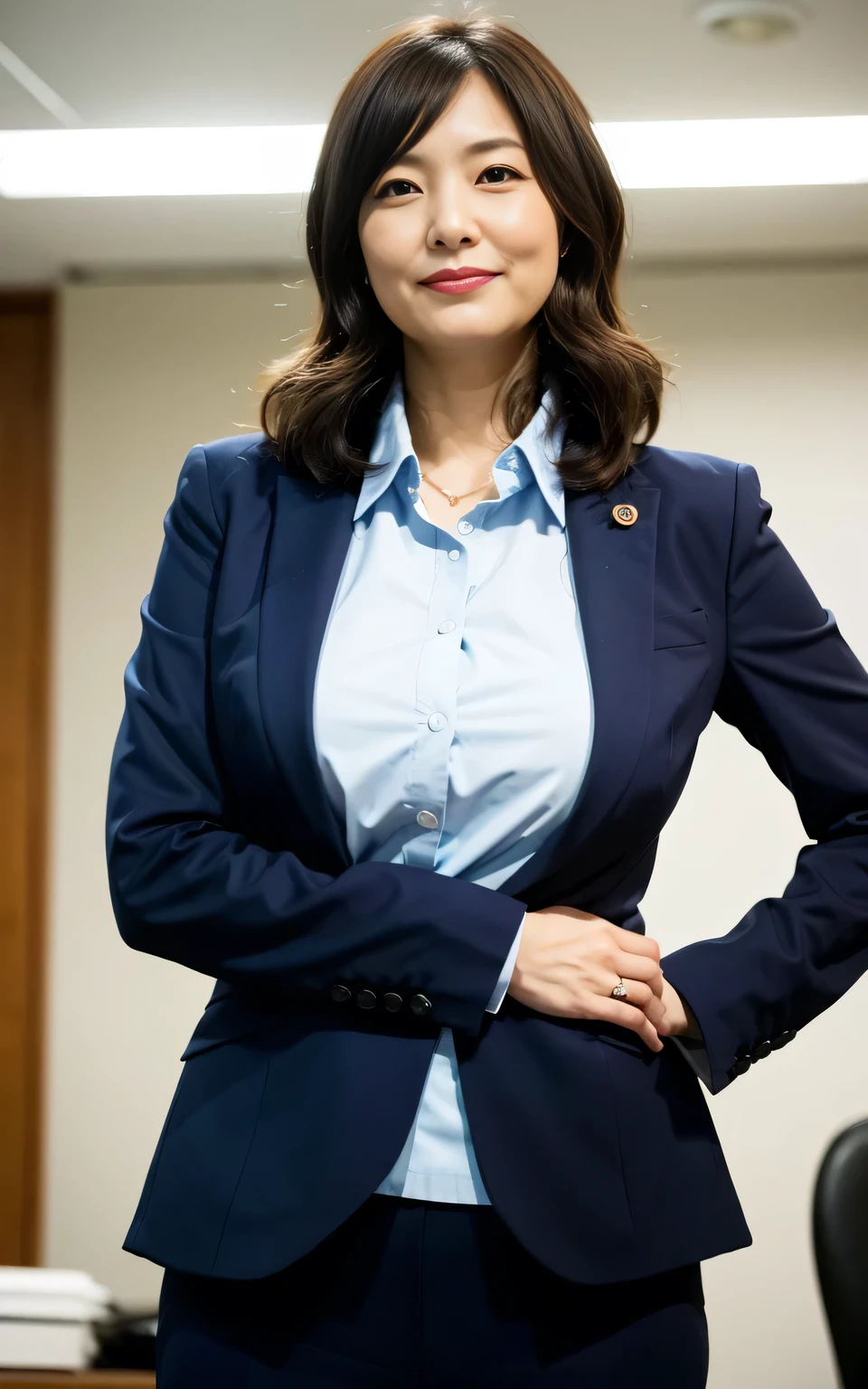 ((Best Quality, 8k, Masterpiece: 1.3)), ((face shot:0.5))Photorealistic, Sharp Focus, High Quality, High Definition, 1 Beautiful Japan Person, Business Suit, 43 Years Old, Plump, ((from below, from front)), (looking at viewer, stand with open legs), (disdain smile, look down at viewer), big breasts, 47 Years Old, Plump, Wavy Hair, unfocused office, ((Nobody)), ((Raise Stained Panty:1)),