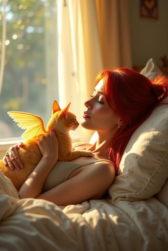 Realistic image of a woman with long red hair, The haircut is undercut ( shaved on the side). She is in her bedroom lying on the bed and receives from heaven the visit of her yellow cat that is already gone, this cat laid on her chest and she is petting him. The cat is male, slender and yellow, yellow eyes and has angel wings.