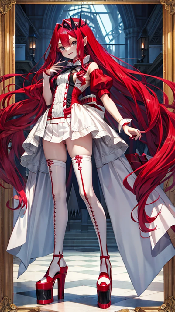 Red long hair girl，vampire，Chest，White mini skirt，Bare Legs，Platform shoes，Standing，Medieval European castles