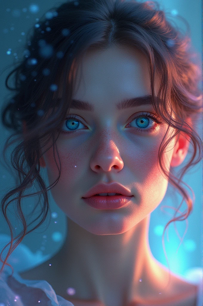 close：Blue-eyed、A woman with a radiant face, Beeple 的Surreal主义, Popular on Art Station, Fantasy art, hyperrealistic Fantasy art, Beautiful digital art, 8K Photorealistic Digital Art, Realistic Digital Art 4K, Realistic Digital Art 4K, Brandon Wolfell, mysterious!!! Surreal, Surreal主义数字艺术photographrealism, High Contrast, photographRealist, photograph, masterpiece, Realist, realism, photographrealism, High Contrast, photographRealist digital art trend on Artstation 8k HD high definition detailed Realist, detailed, Skin Texture, hyperdetailed, Realist Skin Texture, Highest quality, ultra High resolution, (photographRealist: 1.4), High resolution, detailed, raw photograph, Sharp Fire, Kodak Portra 400 Camera F1 Lens.6 rich colors hyper Realist texture dramatic lighting irrealengine trend in artstation cinestill 800.