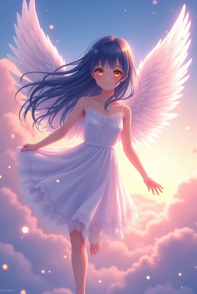 Girl, with long, wavy, navy blue hair, yellow eyes and she wears angel clothing and white wings. anime style.