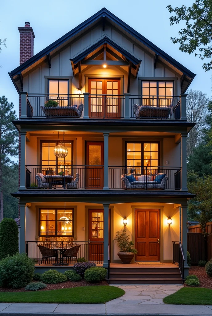 a house with three floors on the first floor a kitchen, a dining room and a living room, On the second floor there are 3 bedrooms each with its own bathroom and a living room with a bathroom and finally on the top floor a balcony with a study area with books and a lamp.