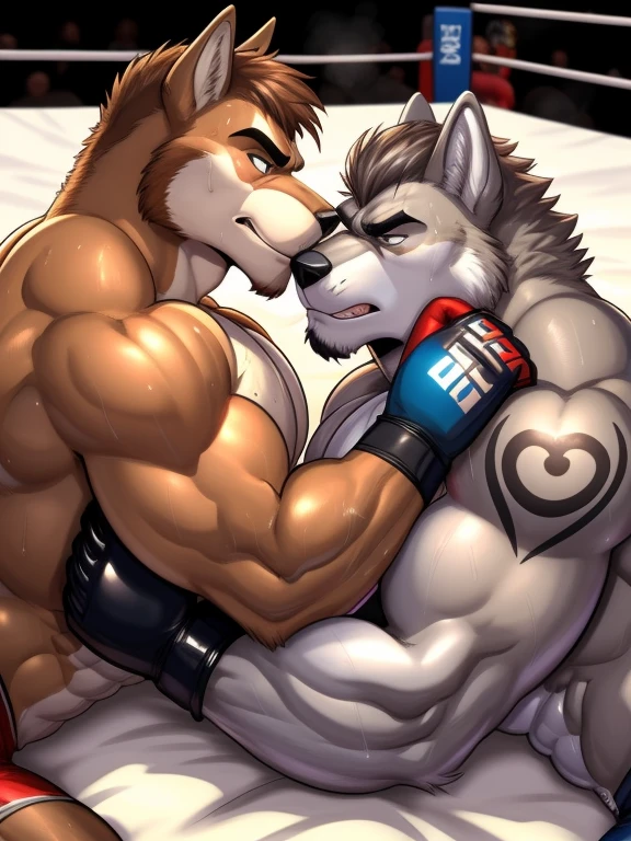 Duo male(Brown Wolf vs Gray Wolf), handsomes(handsome hairstyle, Thick eyebrows, detailed face), gay(Lying down, cuddling, body with body, wrestling at each other, face to face, on a bed match), hot(Shirtless), handsomes(They are handsomes, correct anatomy), musculosos(Big muscle bodies, Six packs, muscle abs, big pecs), sweaty(very sweaty wet bodies, shiny sweat), tatuajes(they have tattoos), grumpy(Both have an grumpy expression, grumpy teeths, steaming breath), UFC gloves(They both are wearing UFC gloves), Hight resolution, by(Zourik:1.1)
