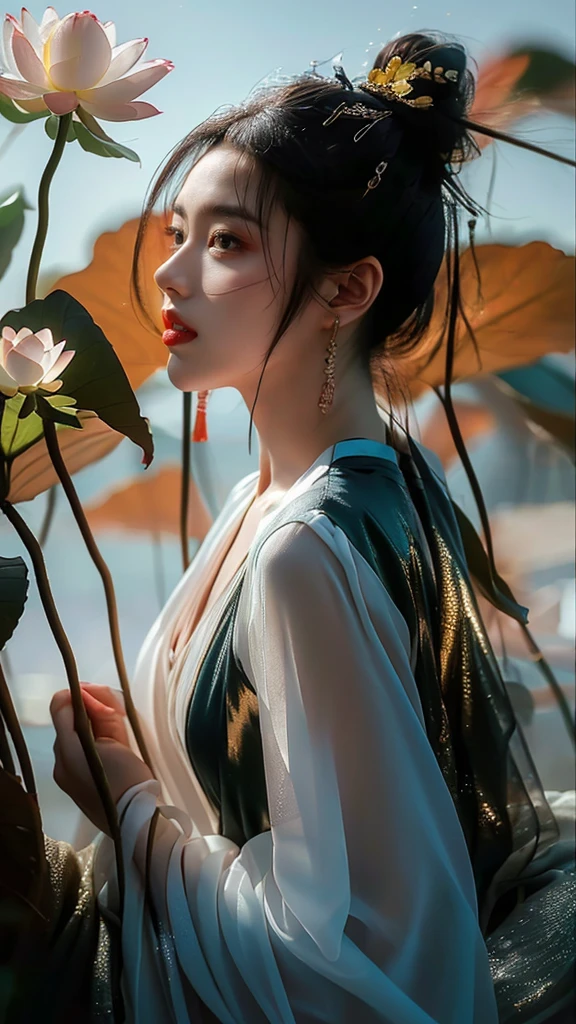 Ultra-high resolutionolution,((masterpiece))),(((best quality))),((Super detailed)),((extremely delicate and beautiful)),Cinematic light,Detailed environment,(true),Cinematic light,Detailed environment,(true),
(original photo, 4K, TRUEistic, 精緻meticulous肌膚 :1.3),masterpiece,best quality,Award-winning works,Super detailed,Depth of Field,Cinematic angle,Cinematic light,Low profile,dark scene,(Soft and warm side lighting:1.2),(high dynamic range:1.4),
(hypertrueism, Soft Light, sharp),(Super detailed的:1.2),Cinematic lighting,thunderclap,overexposure,intricate details,magazine cover,Dynamic angle,clair obscur,Emotional impressions,
(TRUEistic, photo-TRUEistic:1.37),Very detailed,photography,8k,Amazing,meticulous,best quality,Ultra-high resolution,Outstanding details,Atmospheric depth,superb technology,harmonious composition,Cinematic lighting,immersive atmosphere,Stunning visual effects,Rose red and blue,Light bronze and indigo,
Snow Lotus Leaf,1 girl,(whole body:1.1),Hanfu,Chinese clothes,Long sleeve,jewelry,Dynamic angle,view,Extremely beautiful skin,natural skin texture,Beautiful and beautiful,Atmospheric,Very detailed background,(shiny skin:1.5),