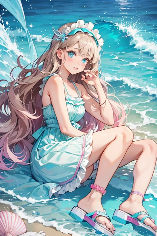 Sia Shell has light brown skin with pale blue lips and baby blue eyes worn with pale pink eye-shadow with tan designs and blush. Her long, wavy aqua hair is worn loose with violet highlights and a white headband composed of spheres, clams, and starfish. On the side is a turquoise wave with the same shapes but violet. She wears a fuchsia scale tank-top trim with turquoise ruffles and adorned by a white ornament on the corner, white bracelets matching her headband, and a long light blue scale skirt with glittery fuchsia lace trim and blue and fuchsia sea decor drawn on it. Her raspberry sandals each have a light blue strap matching the seashell on her headband. SPARKLE; GLITTER
