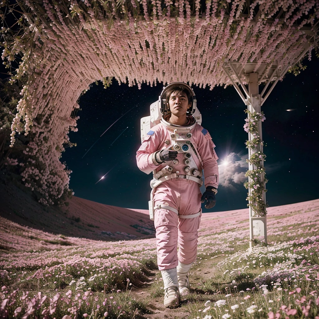 Astronaut walks in the sea of flowers dotted with pink clouds.,The astronaut who is alone.,The astronaut cannot leave this planet.,Astronaut gets lost in boundless space..
