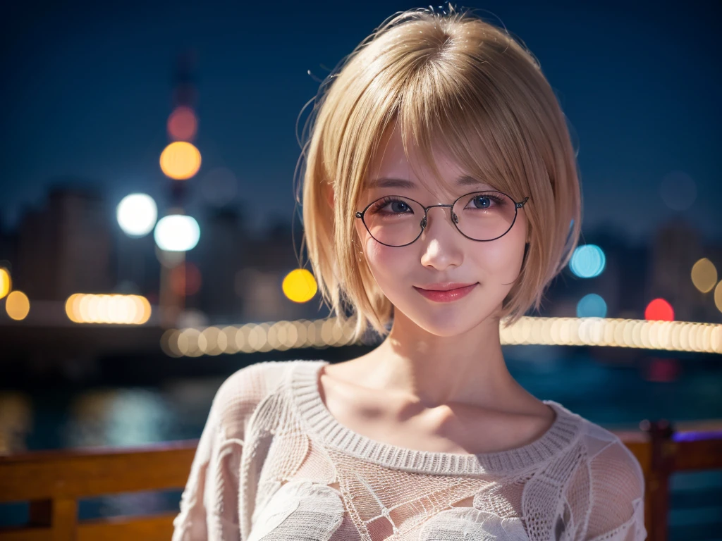 Japanese girl in casual clothes、Observe the audience、Tokyo cityscape at night、(highest quality、masterpiece)))、HD Fine、Very detailed、masterpiece、Cinema Lighting、(8k、highest quality、masterpiece:1.2)、(Realistic、Realistic:1.37) High resolution、Very detailed、Woman wearing glasses、A look of silence、Round Glasses、Asian, cute, cute顔, alone,Blonde Short Hair 1.2, Textured skin, Beautiful smile, Beautifully detailed night sky, Night view, Cinema Lighting, Written boundary depth, Lens flare light、date、(Blushing your nose)、、(Mouth closed)Small breasts、A beautiful eye for detail、(sweater:1.1)、(Blonde Short Hair:1.2)、Floating Hair Nova Frog Style、