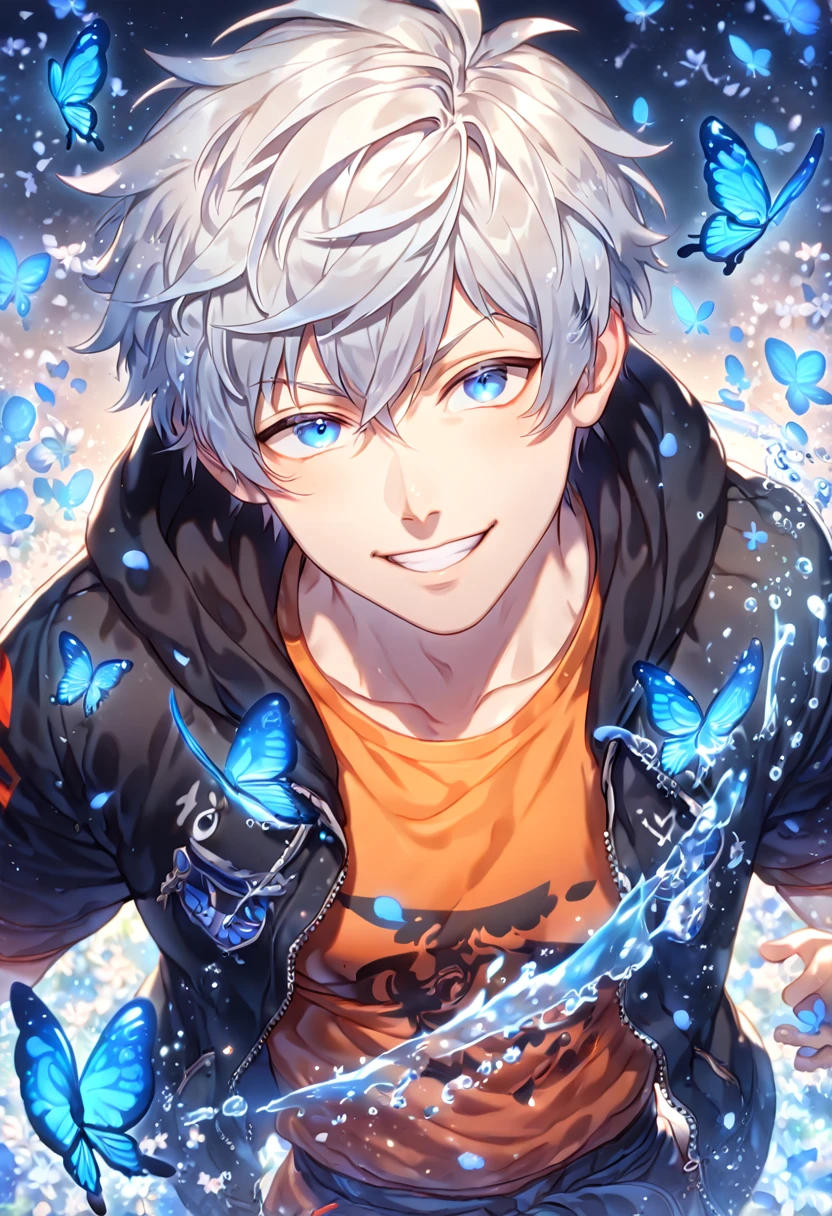 absurdres, highres, ultra detailed, HDR, master piece, best quality, extremely detailed, Akira, silver hair, expressive blue eyes, Togainu No Chi, solo, sexy man, handsome, handsome smile, manly man, sensual, horny, hooded black jacket with fur, orange t-shirt, fantasy, magical, blue moon, blue flowers, blue butterflies, blue petals, blossoms, water