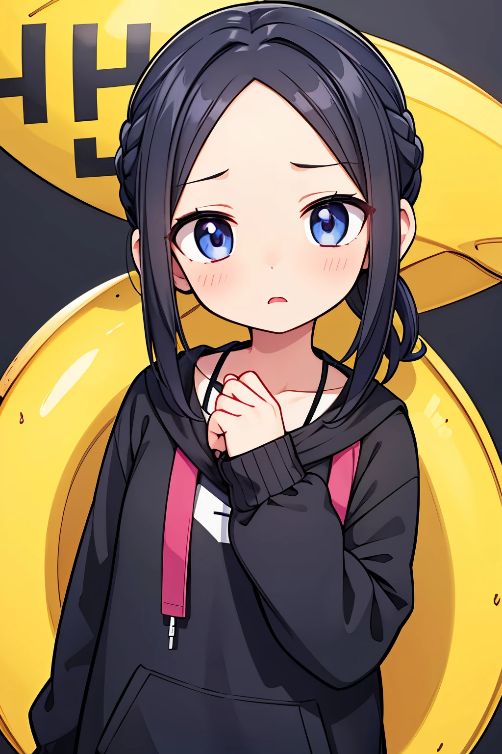 Photorealistic、(whole body、Panic face、hairpin、A hairstyle that reveals a large forehead、A hairstyle parted in the middle、Talking on the phone with a banana-shaped smartphone)