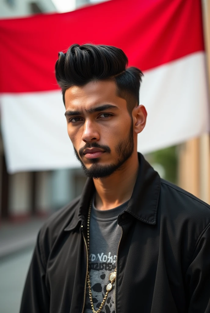 jewish man, professional black hair, masculine face, straight focus, street outfit, in front of Indonesia flag, square photo