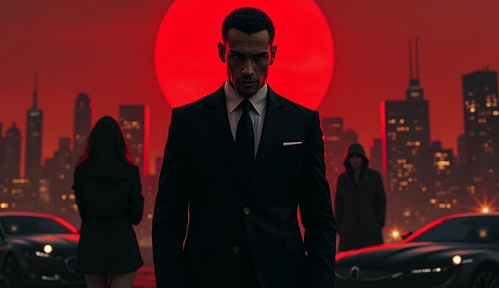 A powerful, intimidating young Mafia Boss stands in the center with beautiful, his sharp suit immaculate and his eyes filled with a mix of cold calculation and hidden pain. Behind him, the city skyline looms under a blood-red sky, with shadows of gunmen and luxury cars fading into the darkness. To one side, a mysterious woman is partially hidden in the shadows, hinting at a deep connection and a dangerous secret. The title, written in bold, gritty lettering, hovers above, with the tagline below: ‘In the world of power and betrayal, nothing is as it seems.