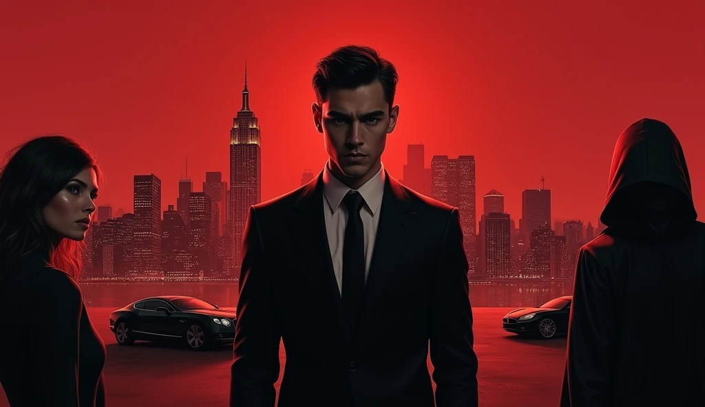 A powerful, intimidating young Mafia Boss stands in the center with beautiful, his sharp suit immaculate and his eyes filled with a mix of cold calculation and hidden pain. Behind him, the city skyline looms under a blood-red sky, with shadows of gunmen and luxury cars fading into the darkness. To one side, a mysterious woman is partially hidden in the shadows, hinting at a deep connection and a dangerous secret. The title, written in bold, gritty lettering, hovers above, with the tagline below: ‘In the world of power and betrayal, nothing is as it seems.