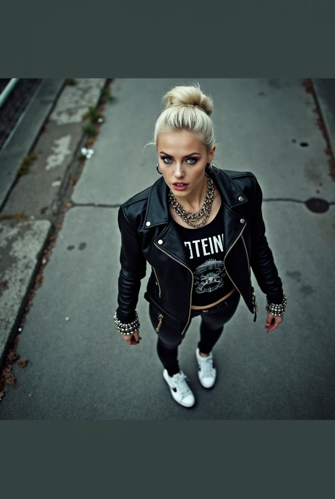 russian milf, platinum blonde hair in top bun ,with very light blue eyes, pale, heavy eye shadows. Wearing black moto jacket, cropped rock band t-shirt, black leather jeans and white tennis sneakers. Lots of metallic braceles and collars. Wide loop earrings. Scared face. Seen from above