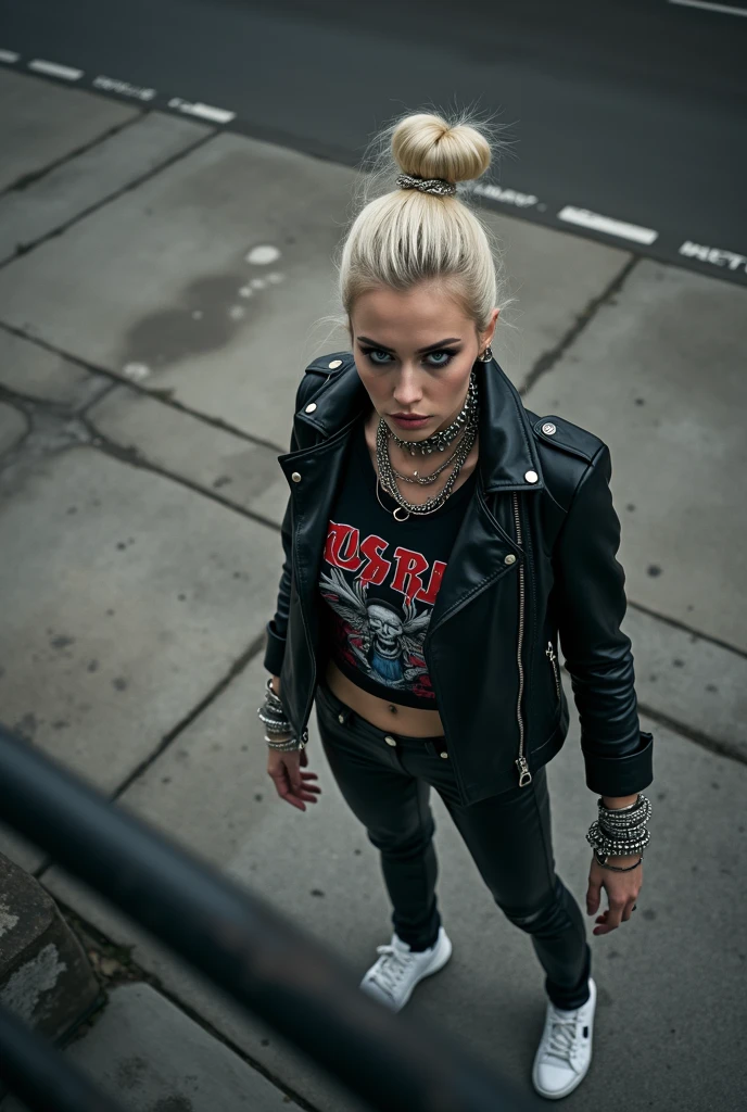 russian , platinum blonde hair in top bun ,with very light blue eyes, pale, heavy eye shadows. Wearing black moto jacket, cropped rock band t-shirt, black leather jeans and white tennis sneakers. Lots of metallic braceles and collars. Wide loop earrings. Scared face. Seen from above
