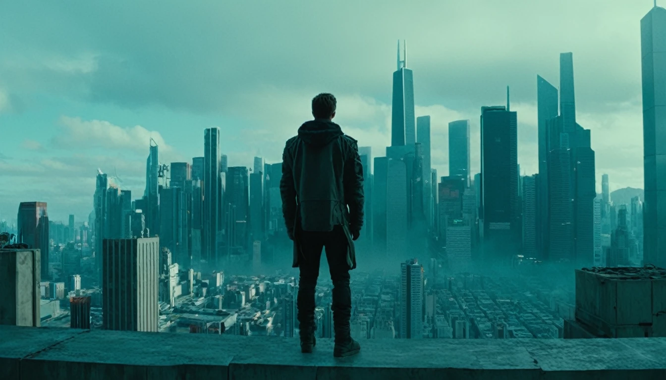 cinematic film still of  a man Are standing on a ledge in a future的な city,Vionic,Transhuman,Dystopia,Dystopian,Kaktopia,sf,high tech,Low lifespan,Societal Collapse,artificial,Posthuman,future,future的な,artificial intelligence,cyborg,Genetically Enhanced Humans,sf,Cyberpunk Style,alone,One person,Are standing,Men&#39;s Center,Outdoor,null,From behind,night,building,scenery,sf,city,handrail,silhouette,cityscape,Wide Shot,nullscraper,city lights,Neon Light , Cyberpunk Style, Shallow depth of field, Vignette, Very detailed, High budget, Bokeh, CinemaScope, Sulky, amazing, nice, Film Grain, granular